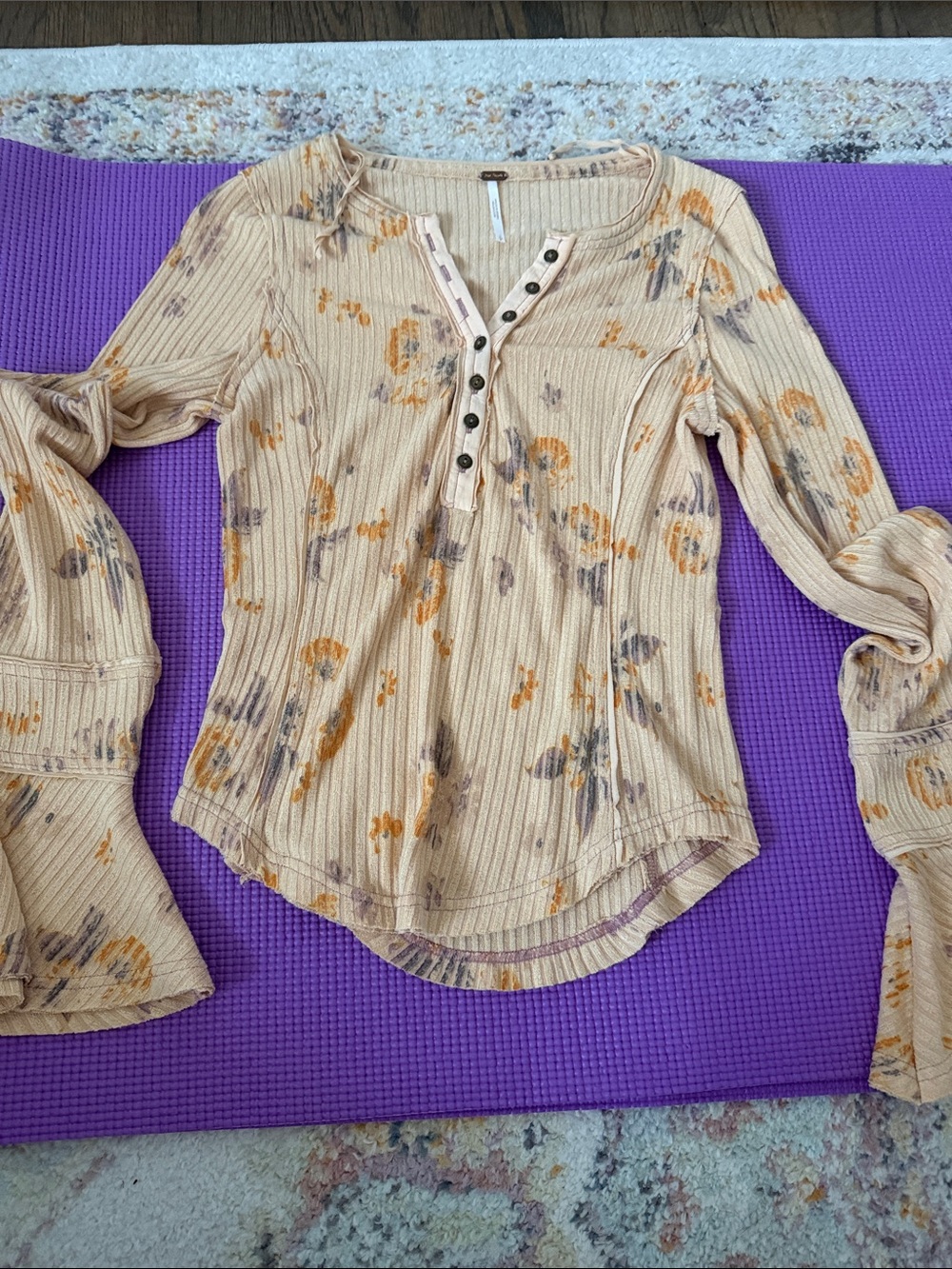Free People Beige Floral Ribbed Henley Long Sleeve Top